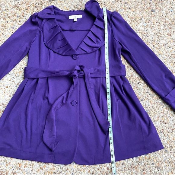 Fever Purple Knit Ruffle Neck Trench Coat Petite Size L - Picture 4 of 11